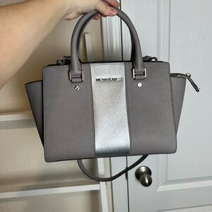 Michael Kors Selma Metallic Center-Stripe Saffiano Satchel Bag, Pearl Gray/Silve